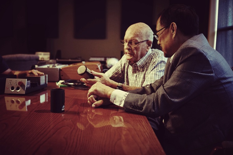 Mr. Rupert Neve &amp; Mr. Siwei Zou at the Rupert Neve Designs office in Texas, October 2014.