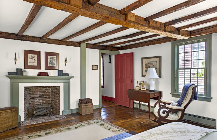 The master bedroom inside the Dayton James house has white plaster walls, exposed beams on the ceiling that were refinished (they had been whitewashed) and trim painted in a light green, also typical of the era. My in-laws also have white walls with various color trim throughout their home which I did not realize was so purposeful until now.