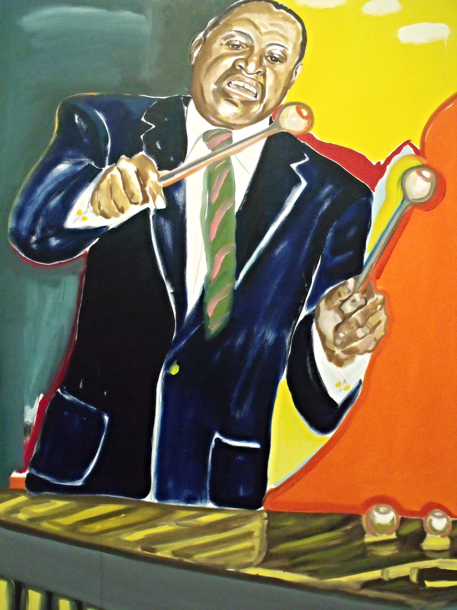 This enormous portrait of Lionel Hampton by Frederick J. Brown is 96 & 1/8" tall. That's over 8 feet! Lionel Hampton began his musical career as a drummer until Louis Armstrong encouraged him to take up the vibraphone in the early 1930s. Hampton introduced that instrument to the jazz idiom. Hampton's high-energy spontaneity was legendary: "We got no routine," he once said. "We just act the way the spirit moves us."