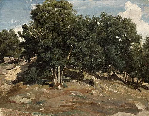 An example from the Barbizon School: Fontainebleau : Oak Trees at Bas–Bréau, 1832/1833, Camille Corot. 
