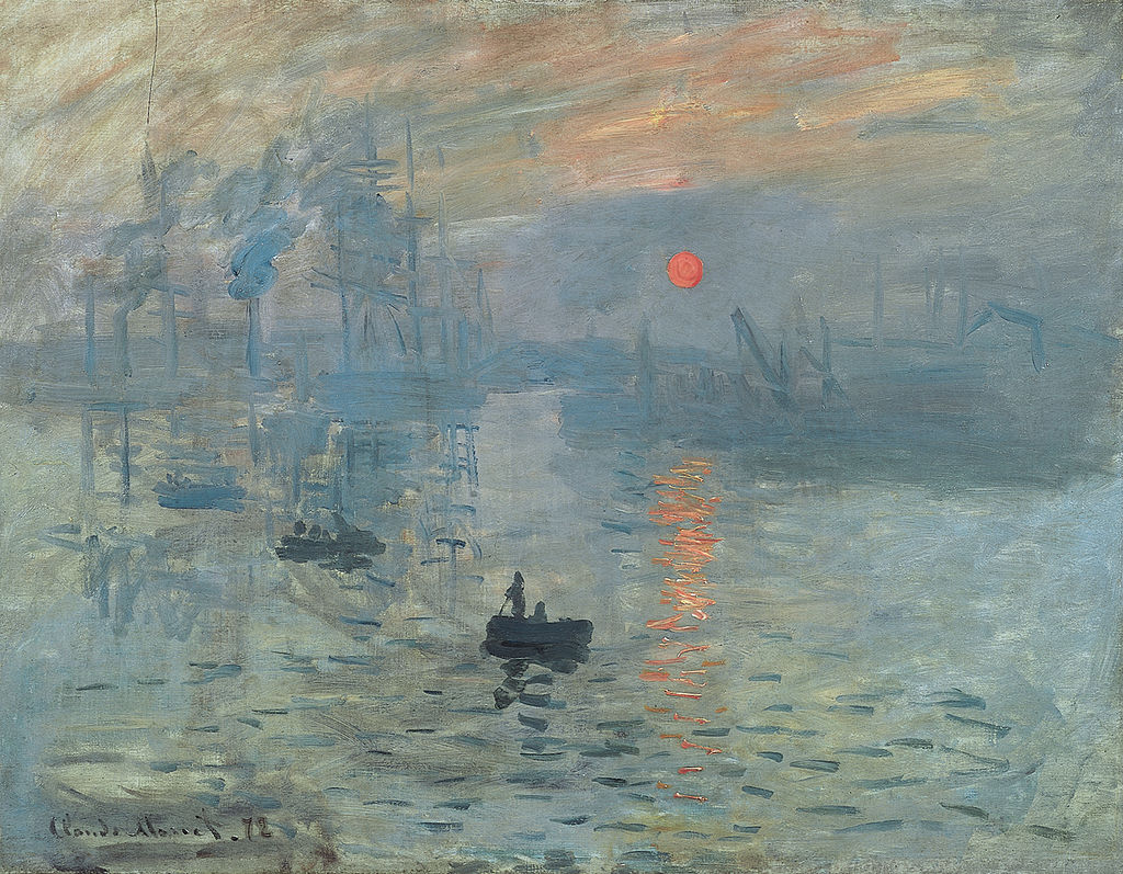 Impression, Sunrise by Claude Monet 1872. The Impressionist got their name from this painting. When it was first exhibited in 1874 a newspaper critic mocked the painting: "Impression—I was certain of it. I was just telling myself that, since I was impressed, there had to be some impression in it ... and what freedom, what ease of workmanship! Wallpaper in its embryonic state is more finished than that seascape." Following this infamous rant the public came to call this group of young painters "impressionists" and they accepted the label.