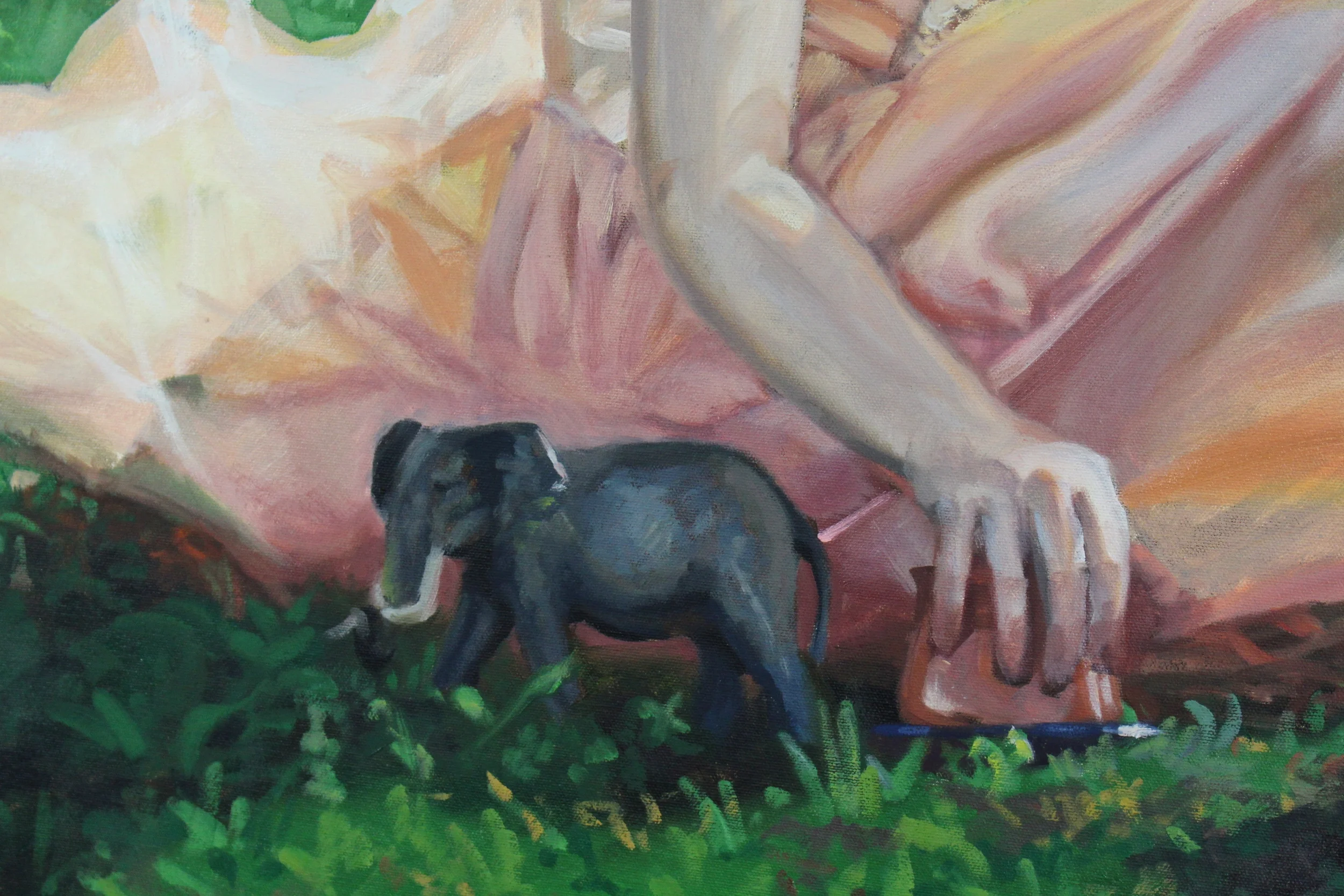 She doesn't go anywhere without this "el-we-phant," plus it's a good idea to put a dark object in the foreground to give the painting depth. I love her grubby pink fingertips. Maybe she'd been digging for pet worms or just digging up all my grass for the fun of it.