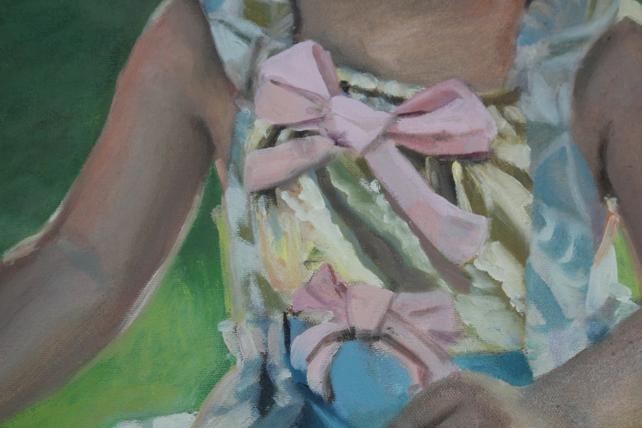 Who wouldn't want their portrait painted in a dress made out of their neighbor's 1960's curtains and gold lame with giant pink bows.