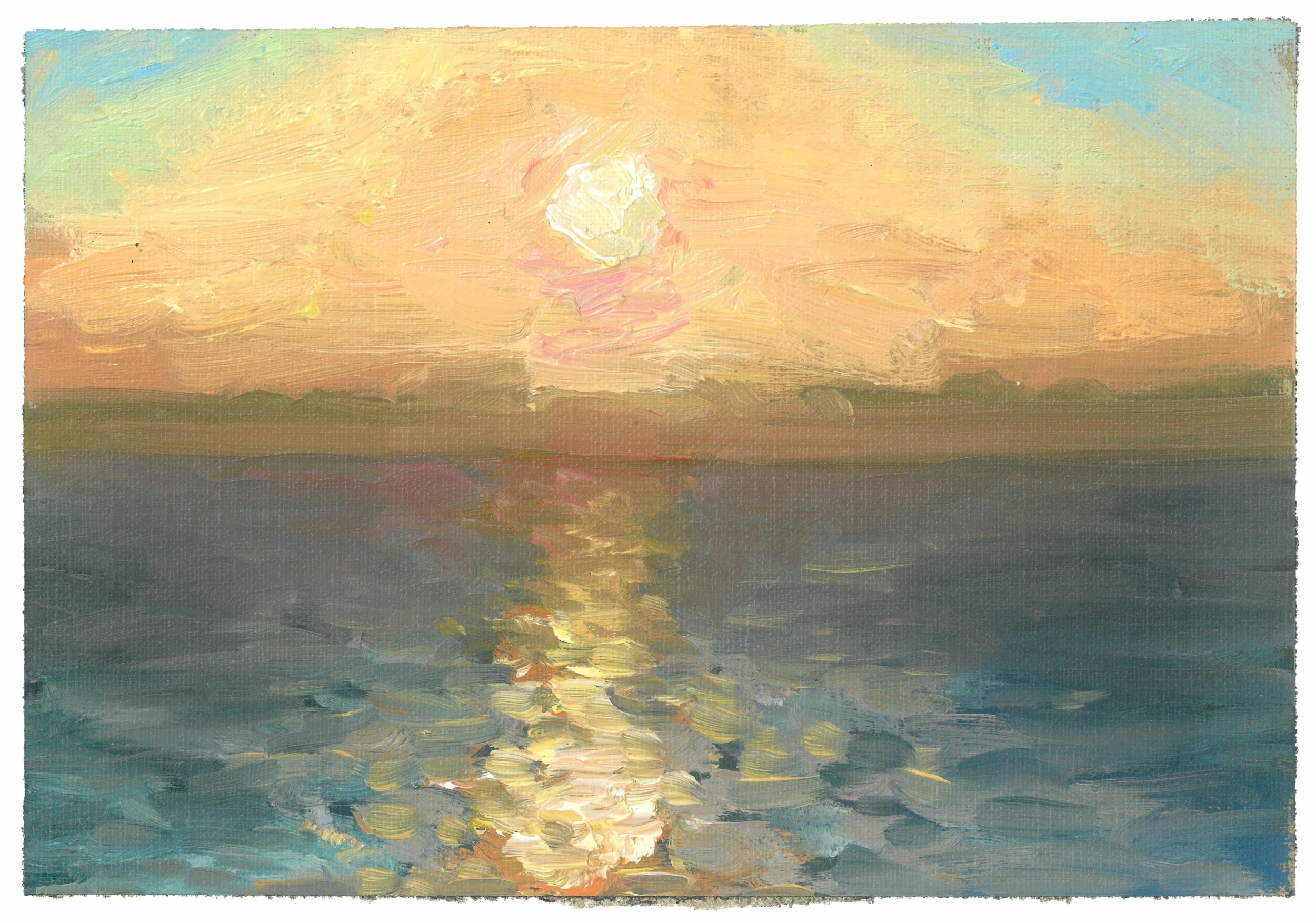 In reality the yellow had much closer boundaries and the bay had a lot of beautiful purple and blue midtones. The horizon was actually green along the top.