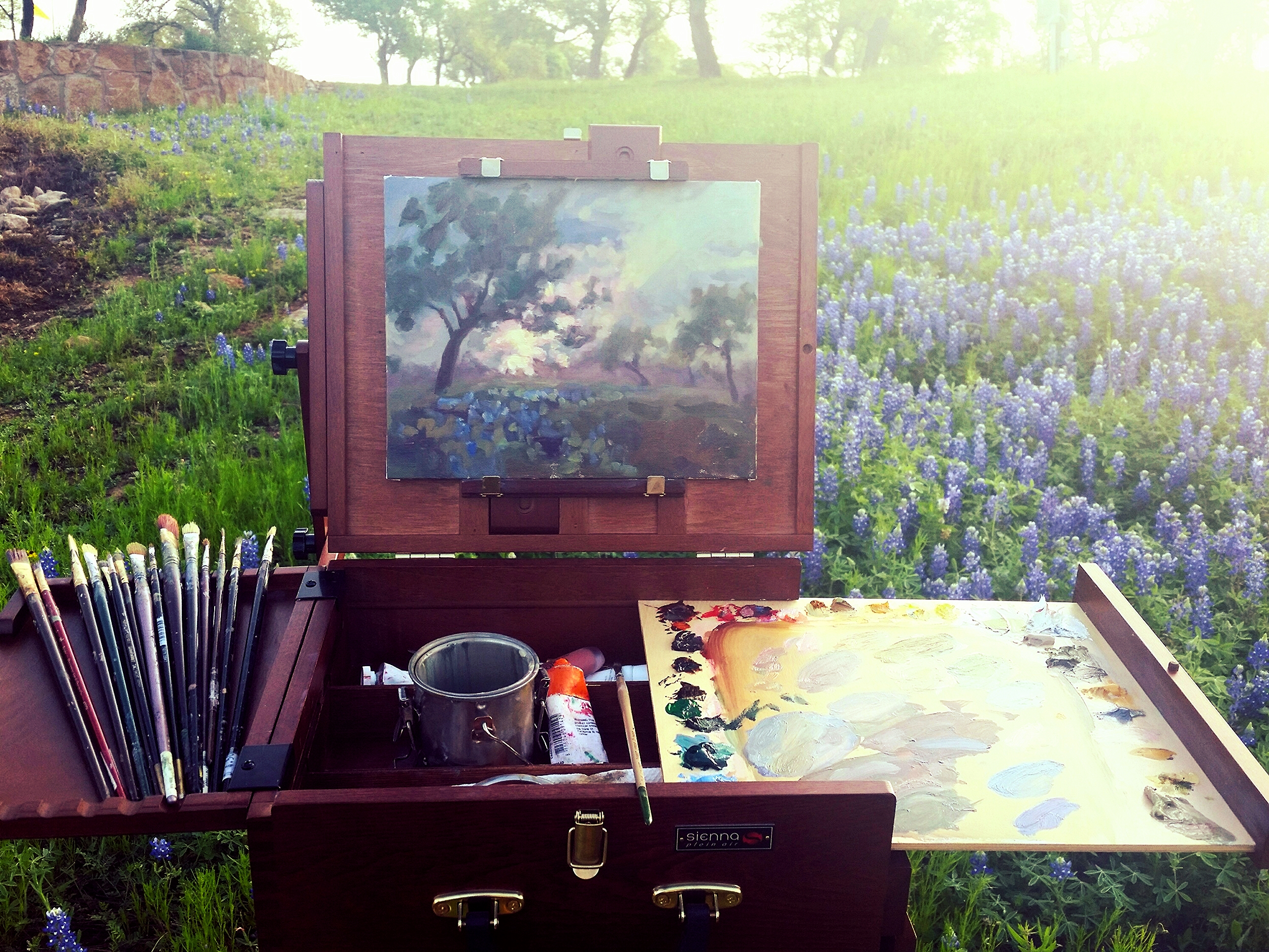 A hazy sunrise with bluebonnets first thing on day two. I was packing up my gear to leave the ranch at Sandy and it was so scenic that I ran and threw together my easel in the nearest patch of flowers and quickly dashed this out. I had to do a lot of it from memory because the sun moves so quickly at the beginning of it's rising.