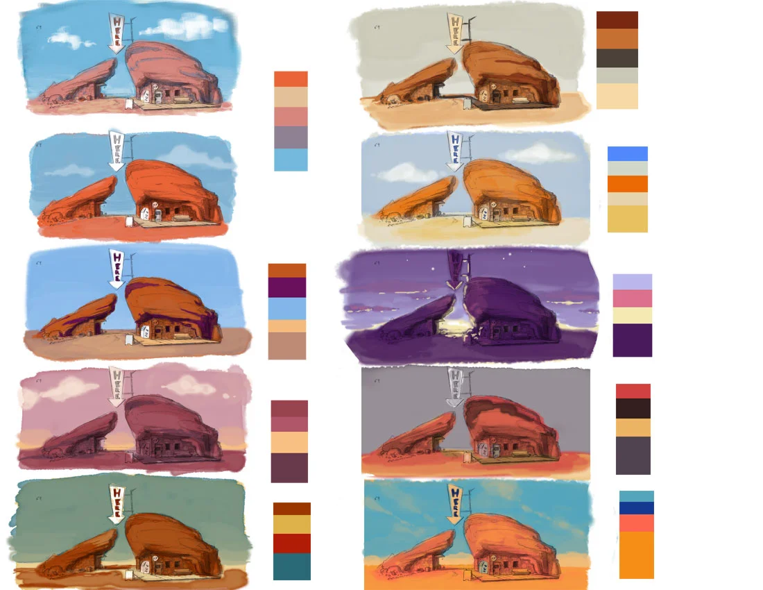 Early station design thumbnails by Derek Edgell, color studies by Lysandra Nelson.