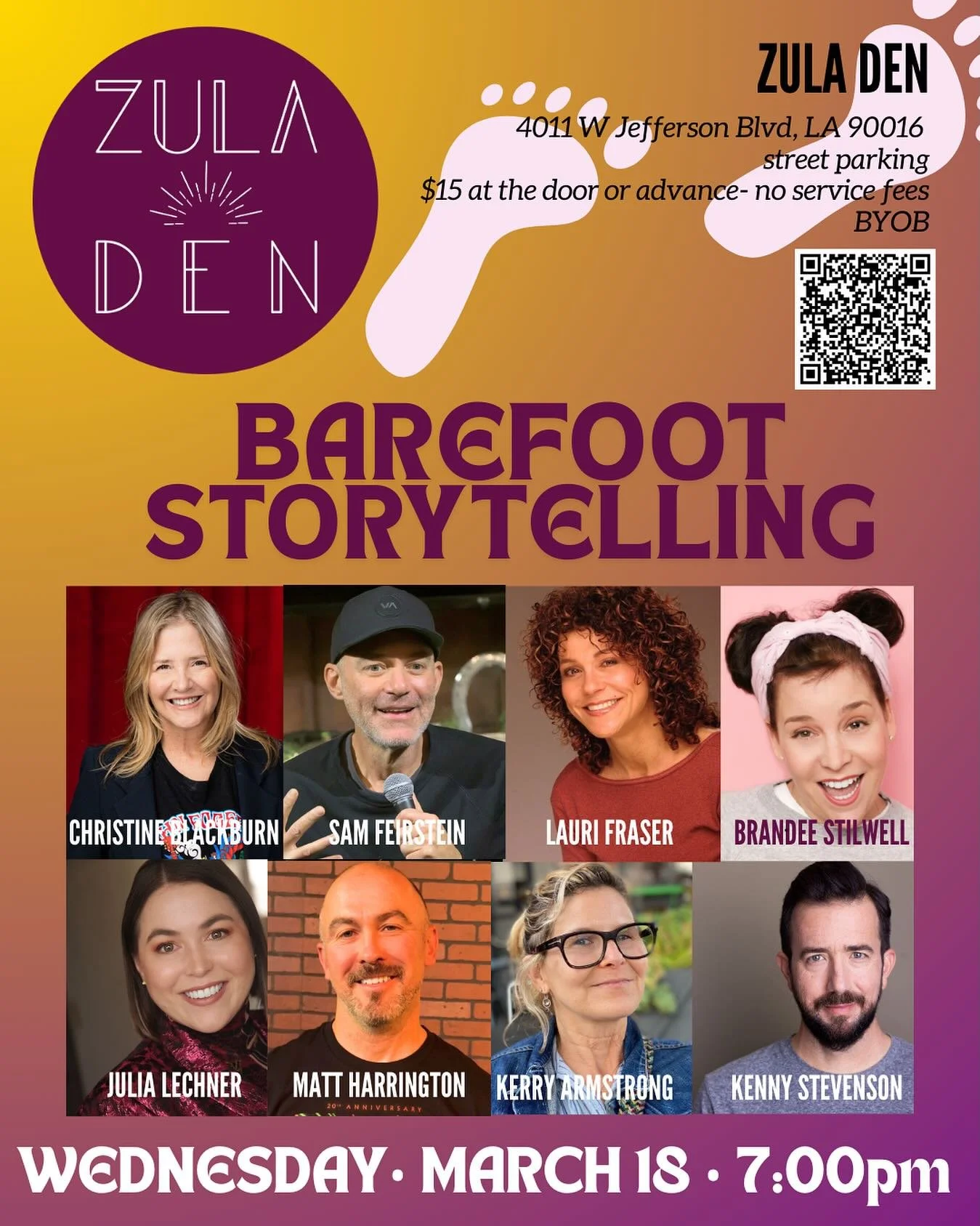 Oh, this show is going to be a blast! Join us at the very cool and swanky @thezuladen  on Wednesday, March 18! Take off your shoes and join us for a brand new storytelling show in LA at Zula Den! Barefoot Storytelling! @juliaevelechner @brandee_stilw