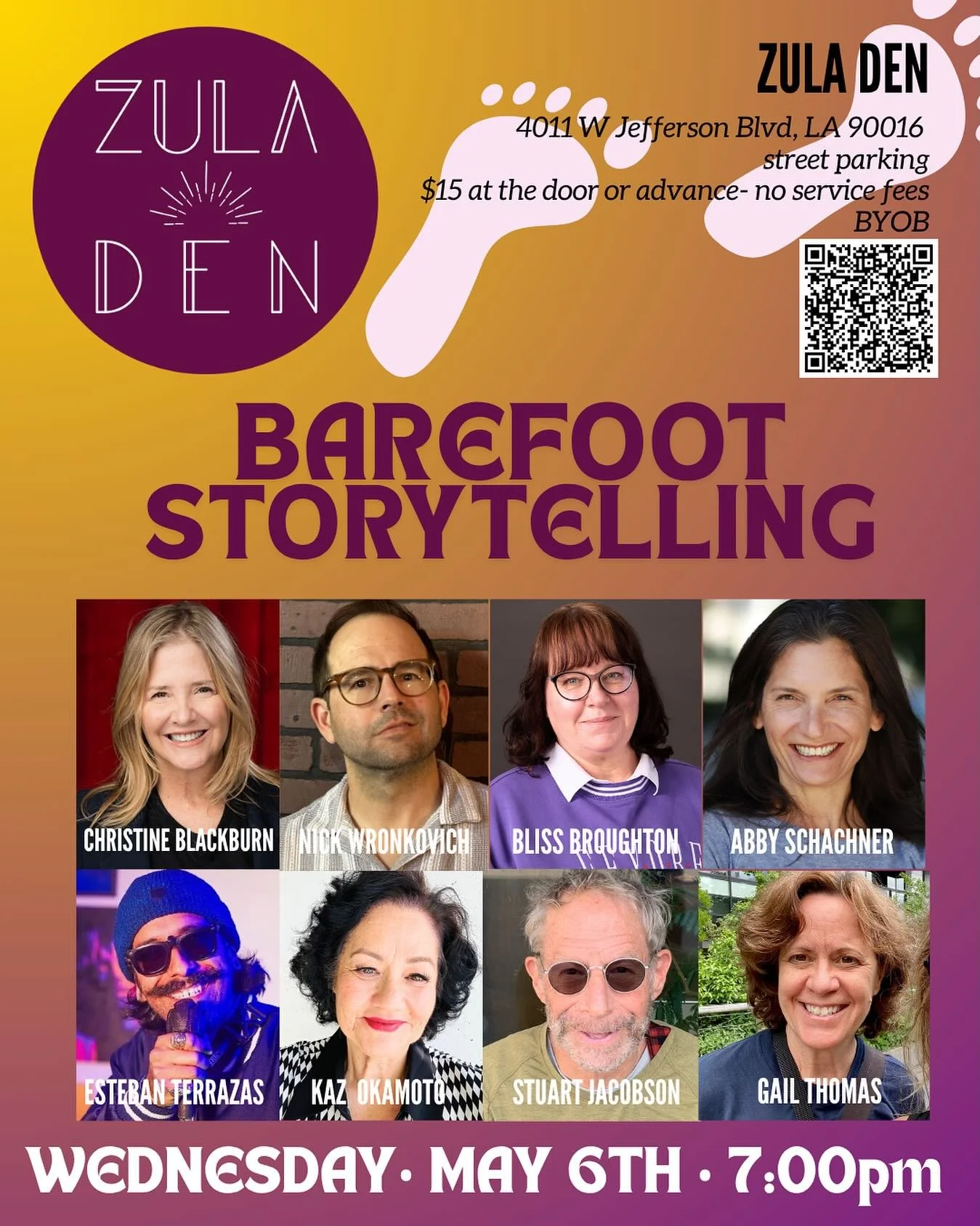In ONE week!! Barefoot Storytelling at @thezuladen with storyteller @realgailthomas @melissa_broughton @kaz.okamotocomedy @prettysexyhag @stuartjacobson @esteban.terrazas_ Get your tickets (all fees included!) only $15 #Storytelling