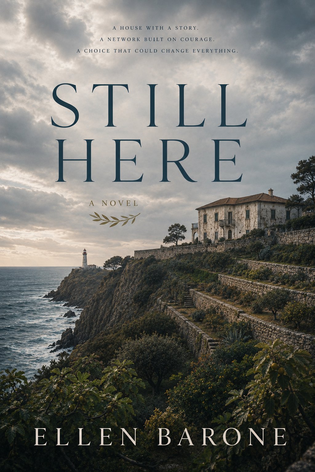 Placeholder cover mockup for the forthcoming novel Still Here by Ellen Barone, depicting a Portuguese coastal villa and lighthouse. This is a concept image only; the final published cover may differ.