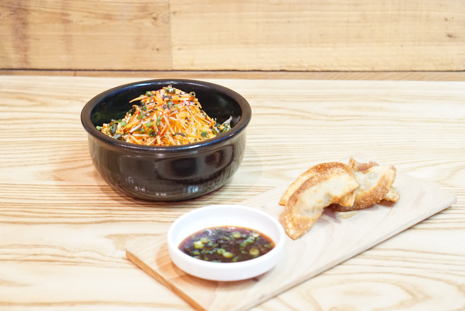 Crispy Mahndoo Beef Dumplings made with tofu, sprouts and garlic. And the B. Bim Salad. The salad was so fresh and crunchy, made with nappa cabbage, carrots, radish, and scallion. 