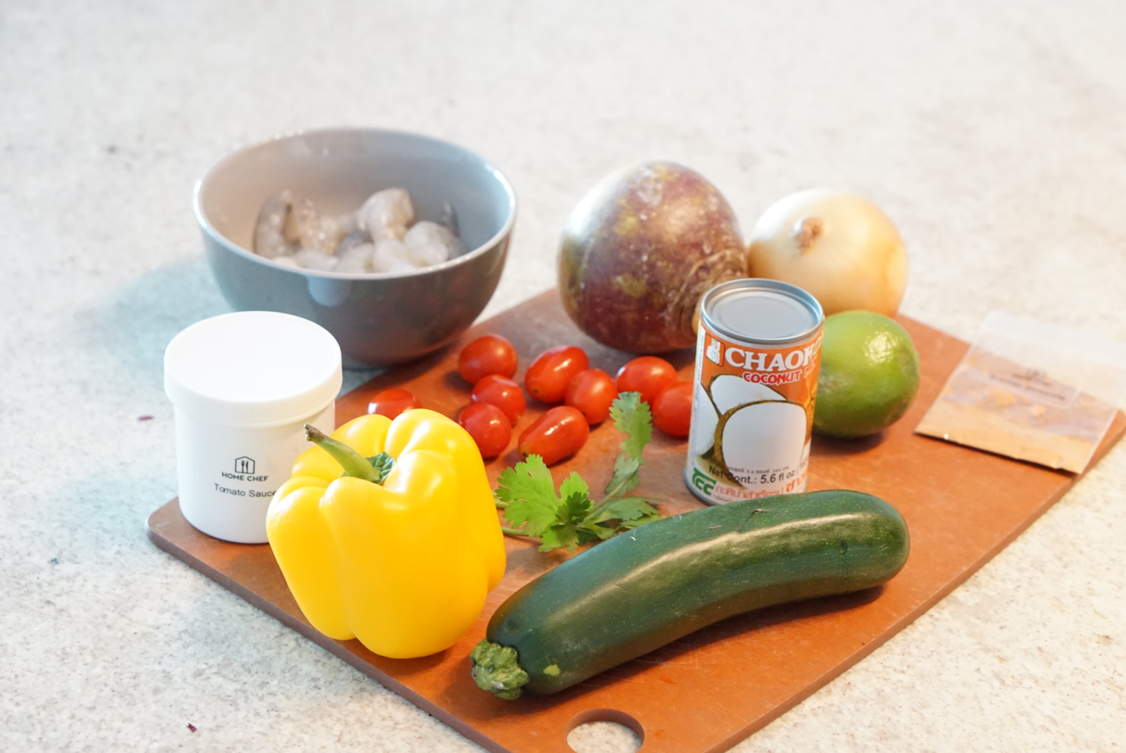 All the ingredient for the Brazilian Shrimp Moqueca I made. Yes, that's a rutabaga! 