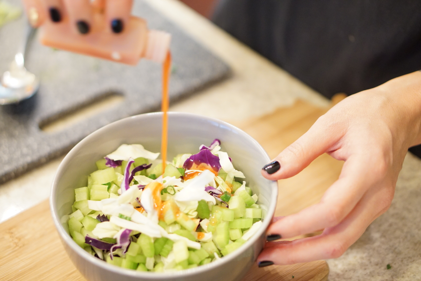 Cabbage slaw with celery and a good amount of yummy hot sauce for some kick.