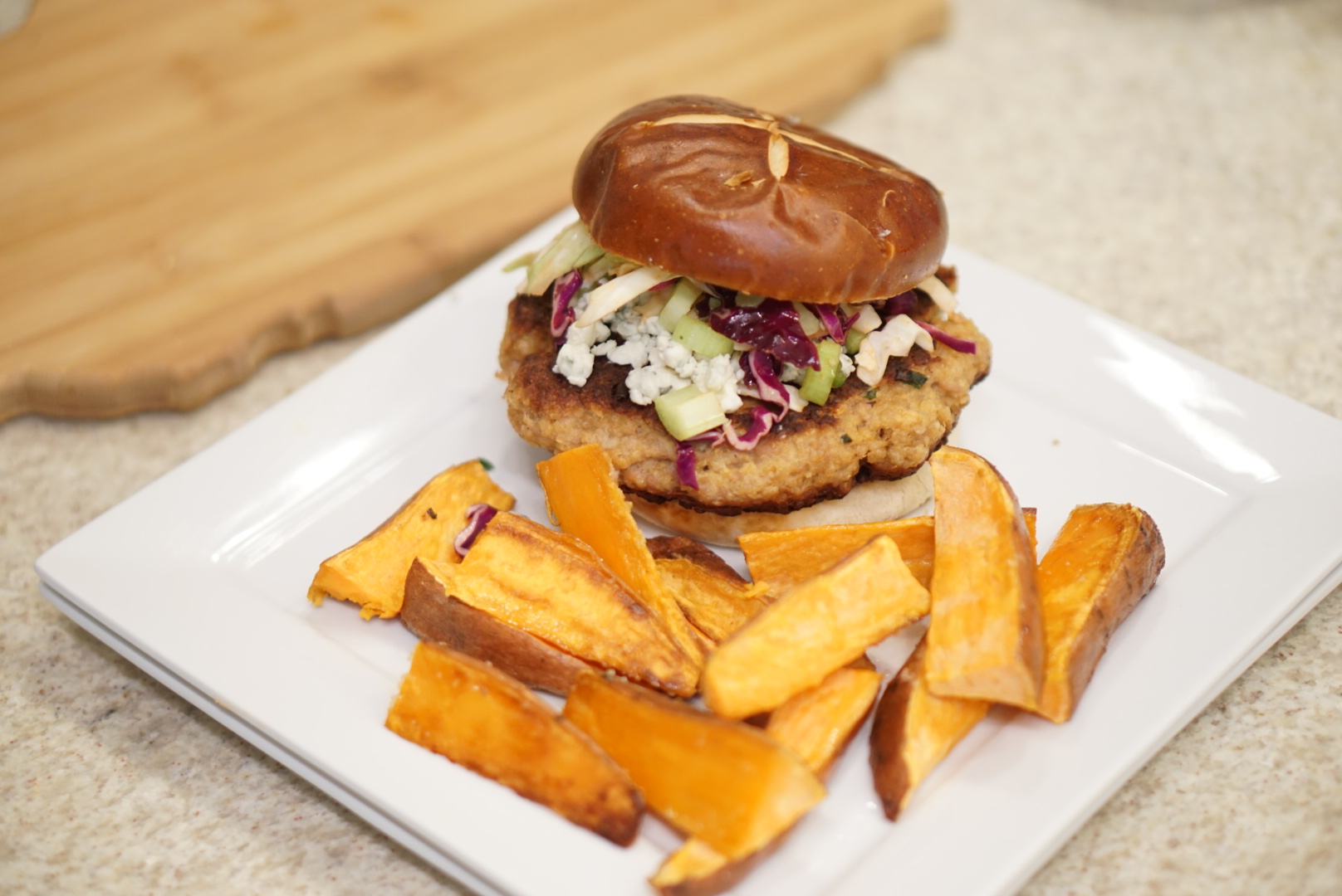 I assembled the burgers with a ton of blue cheese crumbles and the soft pretzel roll. Perfection.