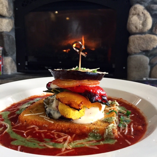 Roasted Vegetable Napoleon atop crispy polenta at the Getaway Cafe. 