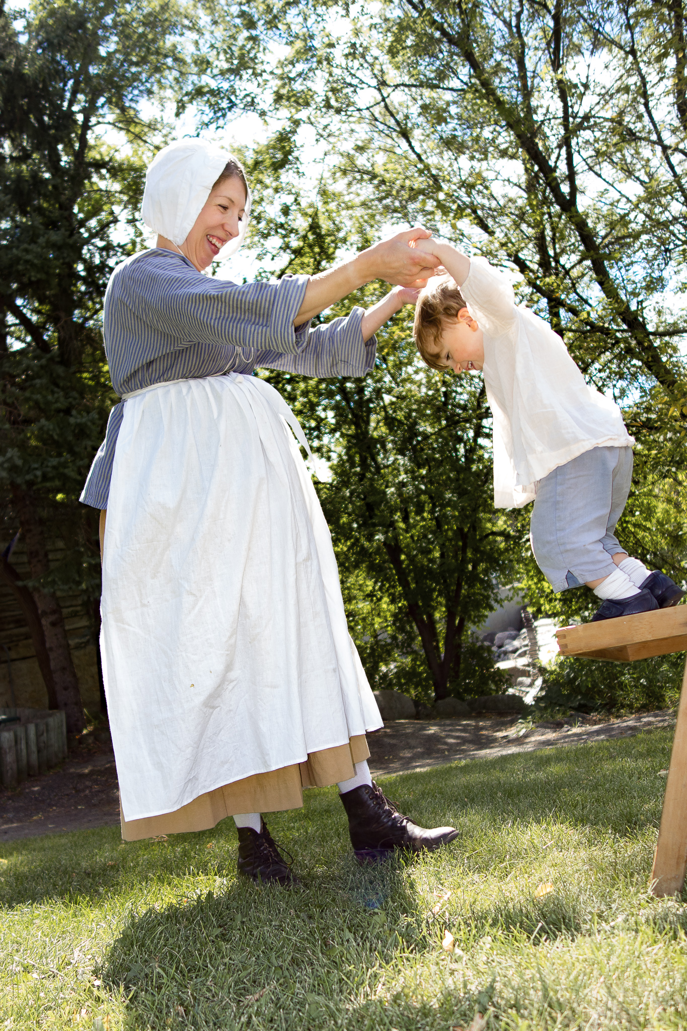 Willem looked very cute. His shirt is a shortened 1920's dress replica, that I sewed for Astra, as my way to "nest" when I was pregnant and our house sat demolished for months, waiting for building permits. His pants are a pair of capris Astra wore, that I dyed blue for him.