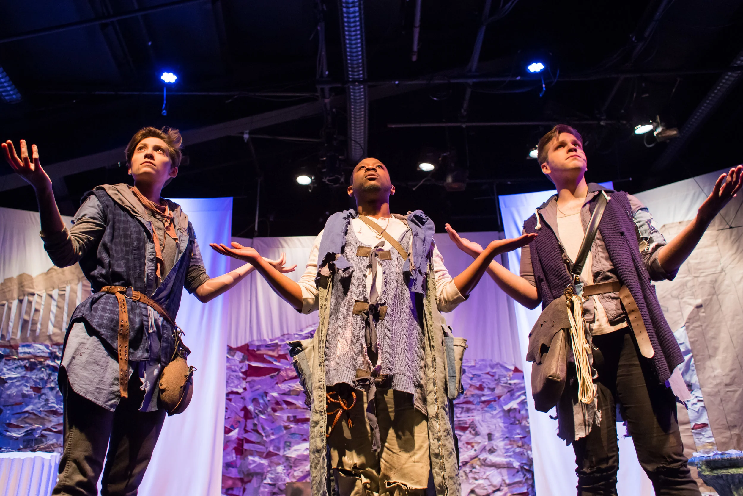Emily Elmore, Elbert Joseph, and Michael Ciszewski in ANTIGONE by Jean Anouilh, directed by Lindsay Eagle. March 2018. Produced by Flat Earth Theatre. Photo by Jake Scaltreto. 