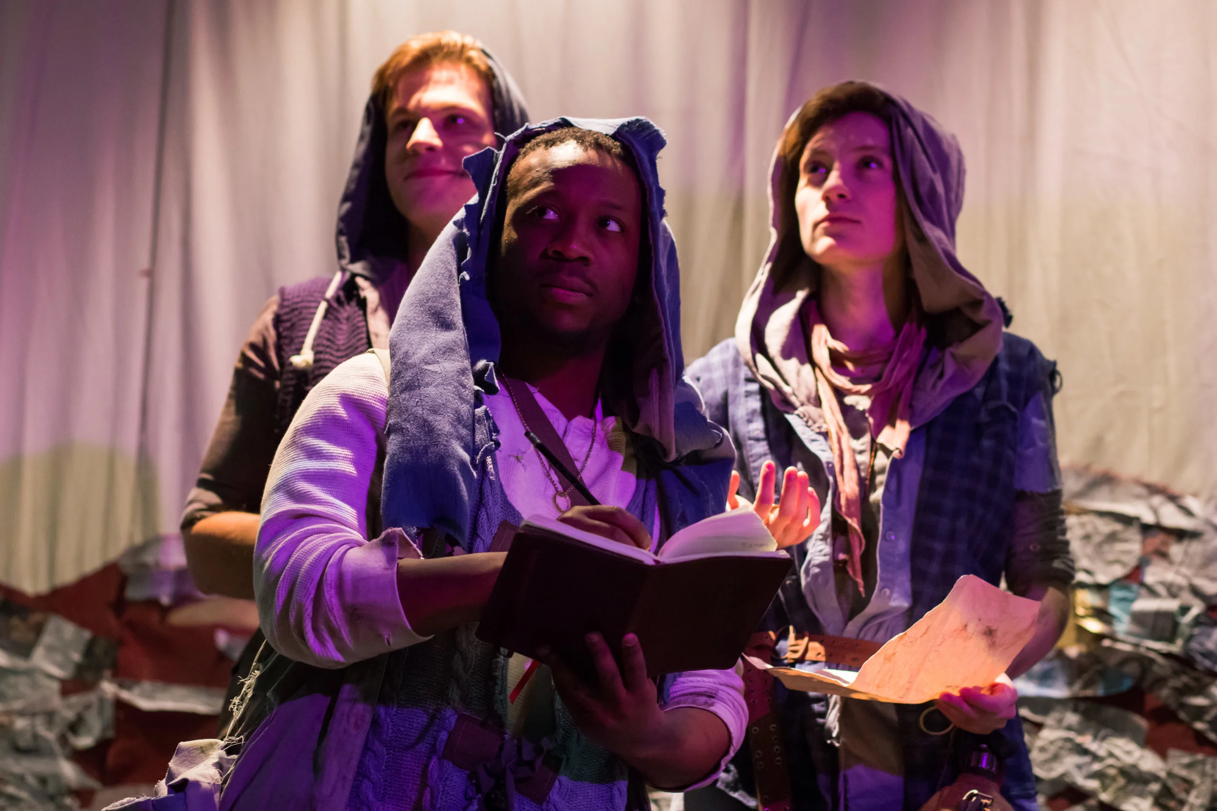 Michael Ciszewski, Elbert Joseph, and Emily Elmore in ANTIGONE by Jean Anouilh, directed by Lindsay Eagle. March 2018. Produced by Flat Earth Theatre. Photo by Jake Scaltreto. 