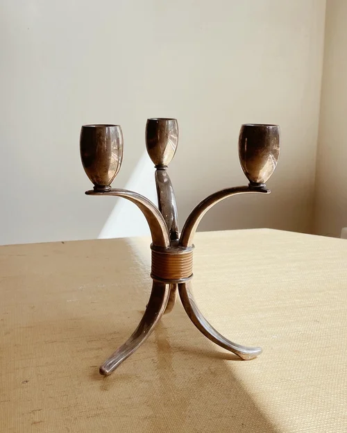 Vintage Silver and Rattan Candle Holder — counter-space