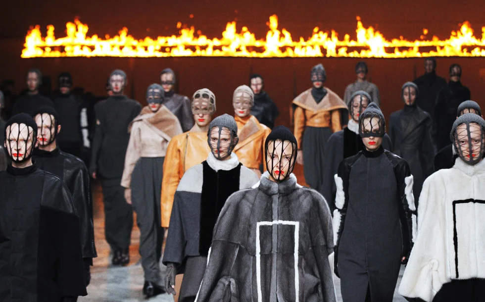 "Final Walk at Rick Owens Fall 2012 Ready to Wear" with Marie Piovesan + Monica Jablonczky + Tatiana Krasikova + Isaac + Ajuma Nasanyana + Henna Lintukangas + Alyona Subbotina + Saskia de Brauw + Kinga Rajzak + Janice Alida + Asia Bugajska + Olga Sh…