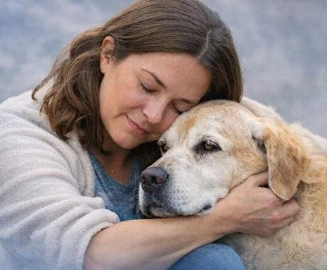 A grieving woman holding her elderly dog in her arms