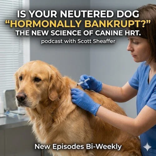 A realistic photo of a veterinarian in blue scrubs administering a subcutaneous injection to the shoulder of a calm, senior Golden Retriever in a veterinary clinic.