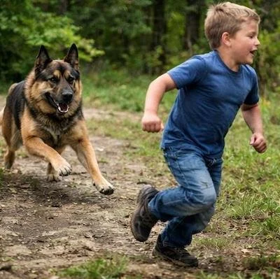 A dog running behind a child in a wooded area, demonstrating predatory aggression triggered by movement and running behavior.