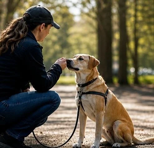 Dog owner calmly working with a leashed dog outdoors, representing behavior modification and safer handling.
