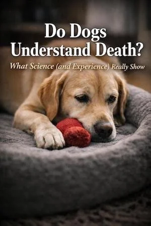 A dog resting on an empty pet bed while holding a toy, showing quiet behavior after the loss of a companion dog.