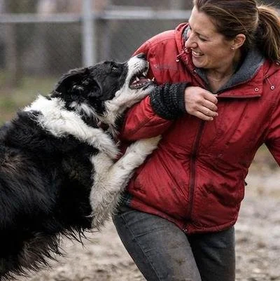 A dog lunging toward a handler during a moment of high arousal, illustrating redirected or impulsive aggression in dogs.
