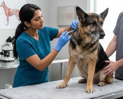 A realistic photo of a vet administering an injection to a senior German Shepherd. The scene is professional and clean, showing the focus on the care of an aging adult dog.