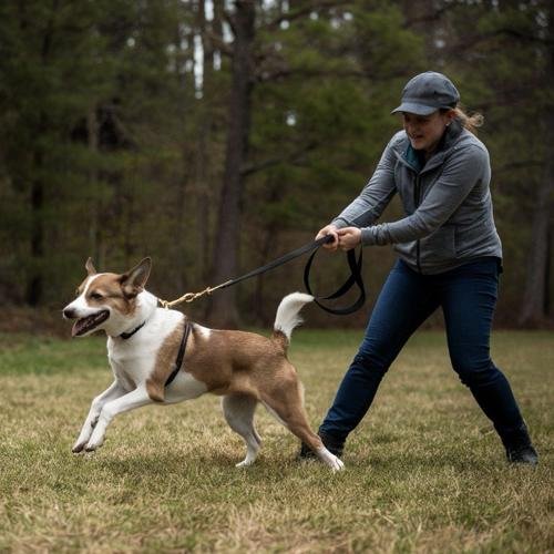 Dog on a walk with visible leash tension and alert posture, illustrating how owner handling can influence behavior patterns.