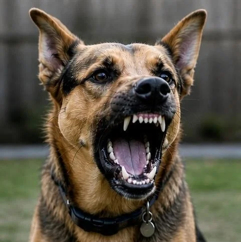Medium mixed breed dog showing tense body language and barking outdoors, illustrating canine aggression and reactivity.