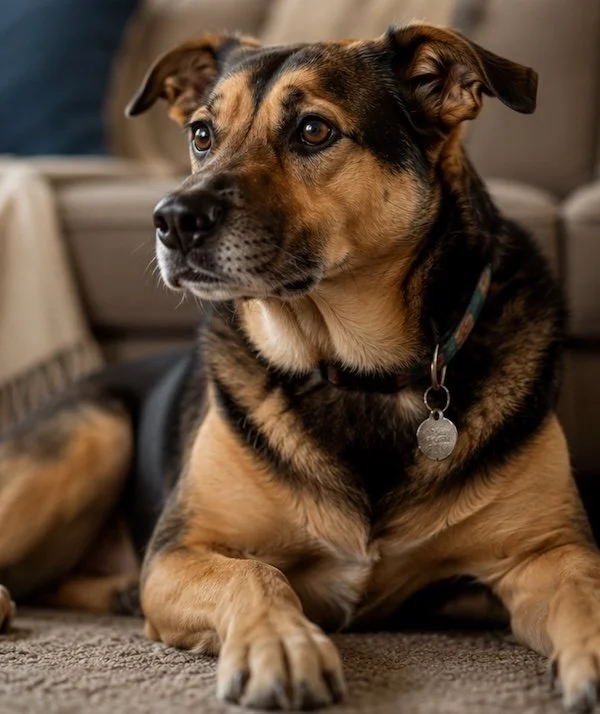 Mixed-breed rescue dog looking directly at the viewer with alert eyes and attentive body language, illustrating how dogs communicate through subtle visual signals.”