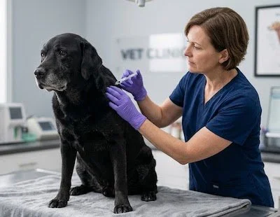 A realistic, high-quality photo of a veterinarian gently giving a needle injection to an older male Labrador Retriever on an exam table. The dog is calm and looking forward.