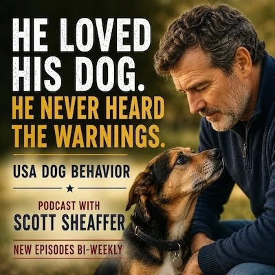 Thoughtful man with rescue dog, highlighting canine communication and understanding. Podcast cover for USA Dog Behavior with Scott Sheaffer.