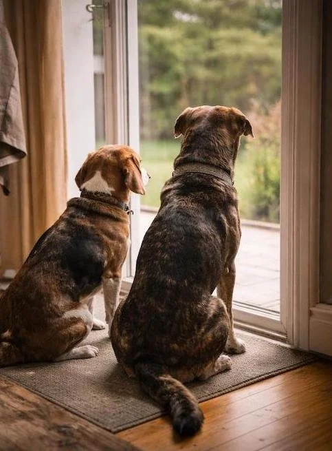 Two dogs sitting by a glass door looking outside, illustrating how dogs respond to changes after a household dog has died.