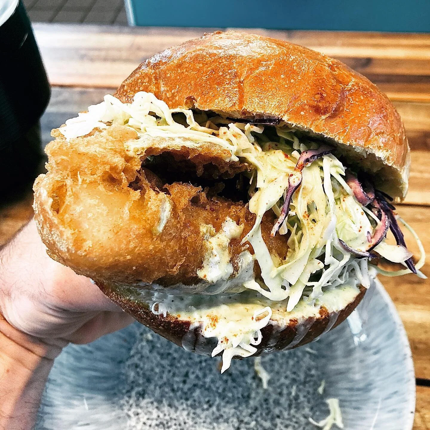 Recipe testing new house potato bun (w/fried baja grouper). #loustakeaway #buns
