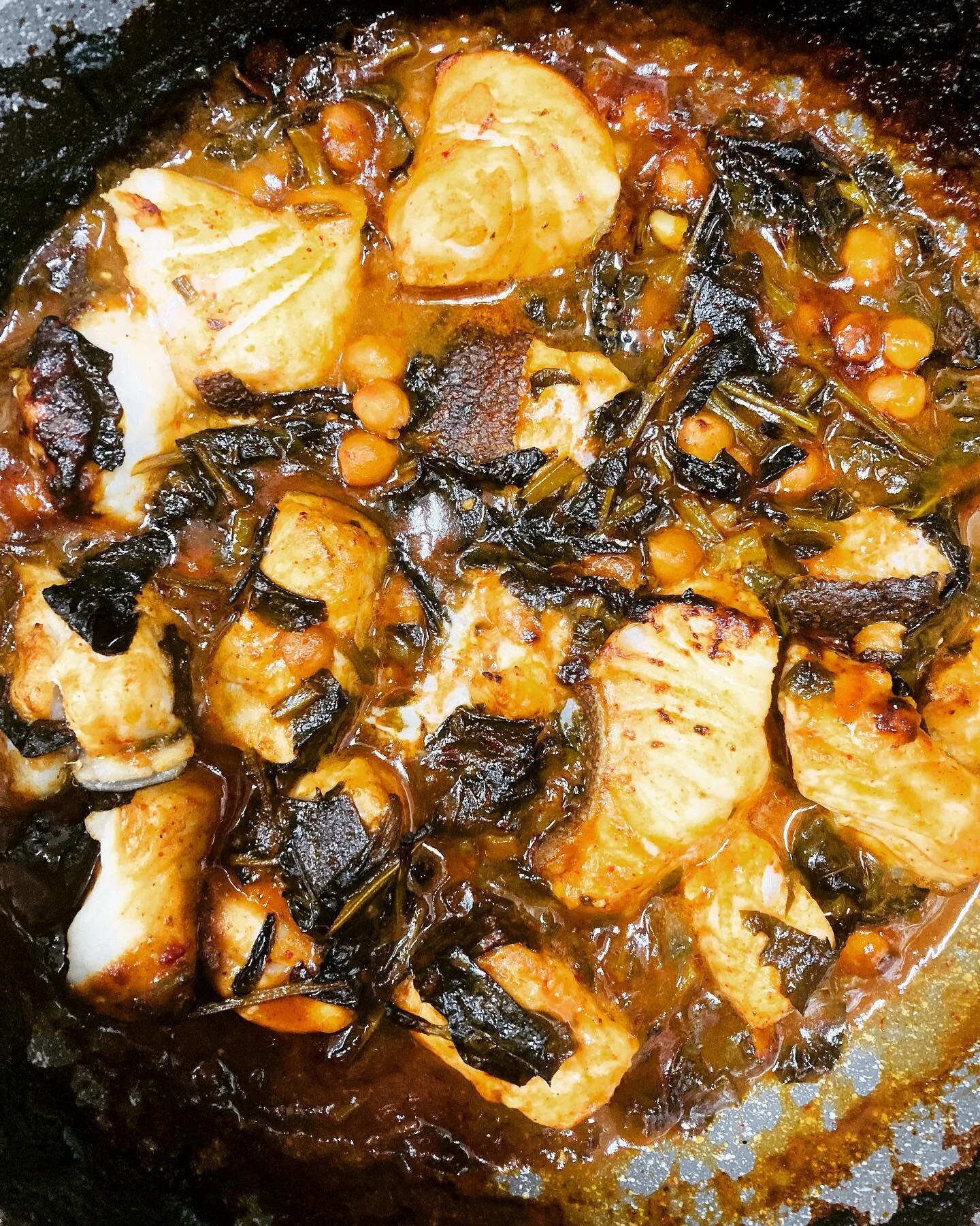 Fresh Ling Cod roasted in a chili tamarind sauce w/chickpeas &amp; spigarello. More seafood on as weather ticks up. Fun new one tomorrow if things work out as planned&hellip;.{do they ever?} 🫠 #freshfish #loustakeaway #char