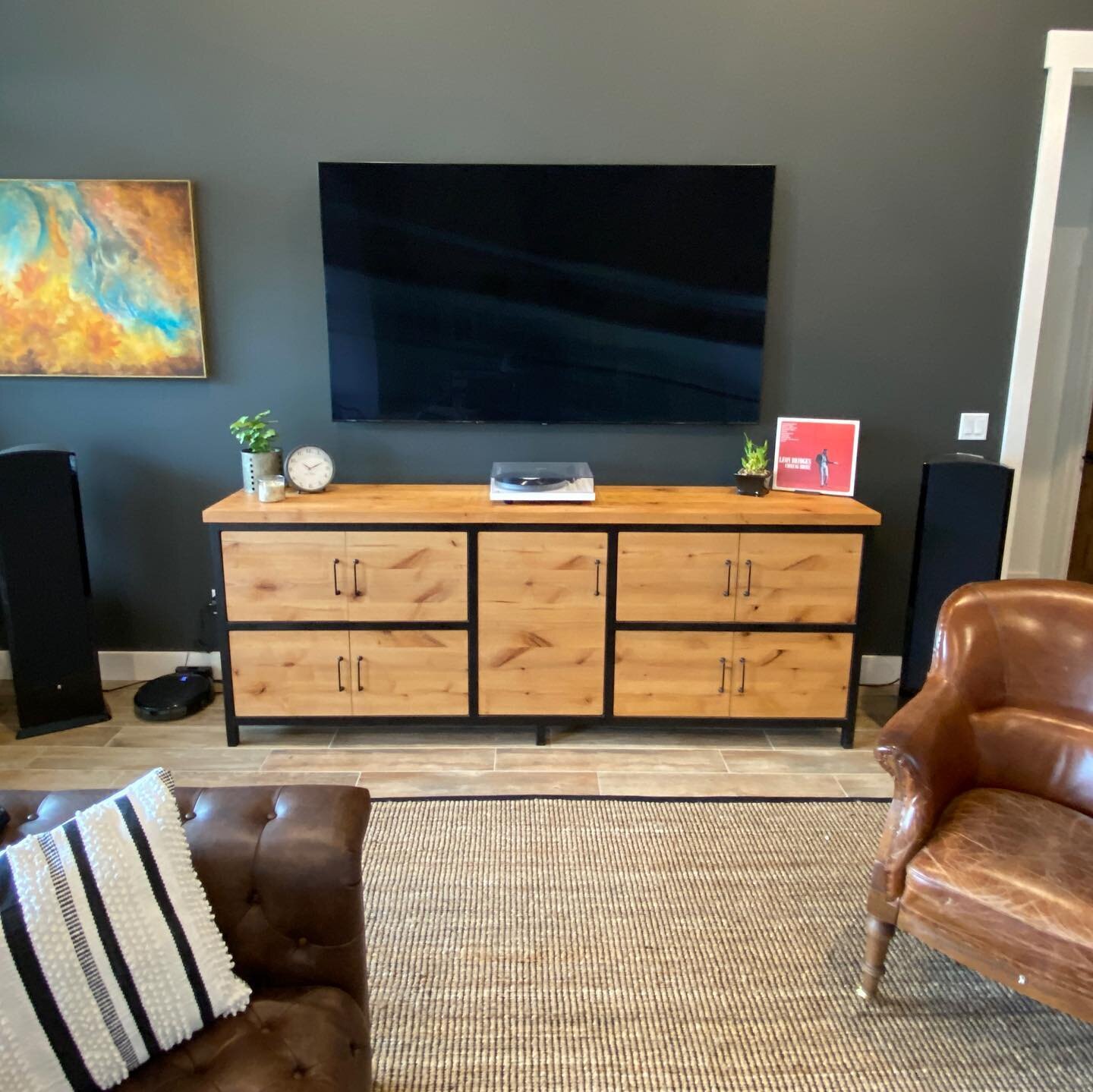 Media Cabinet. Knotty Alder + Steel. Powder Coat - Matte Black #customfurniture #handbuilt #madeinatx #furnitureaustin #rubiomonocoat #secondchancecustom #austinpowdercoating