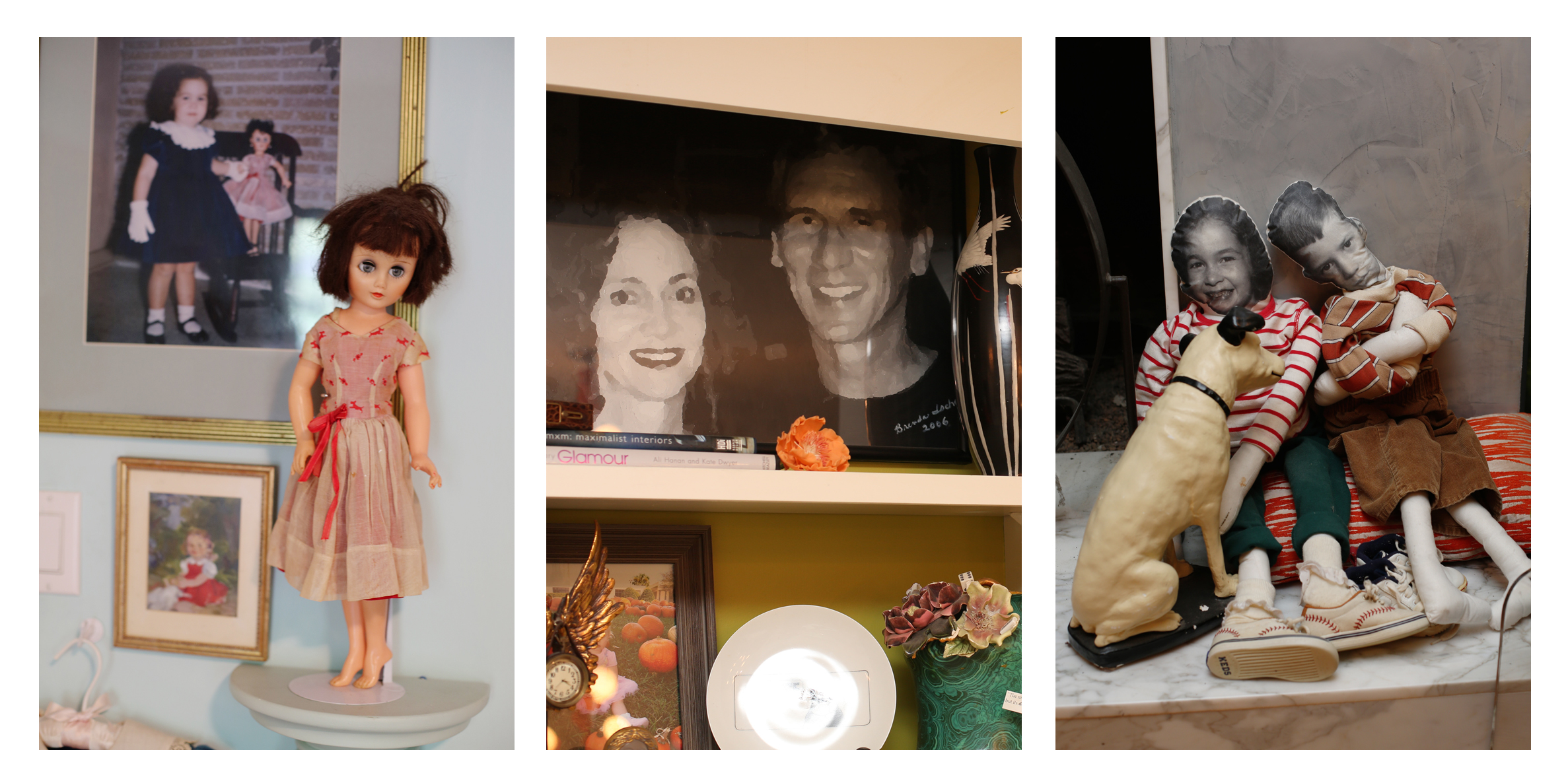 Brenda's childhood doll, a portrait of her and her husband Larry, and dolls made from photos of them as children...