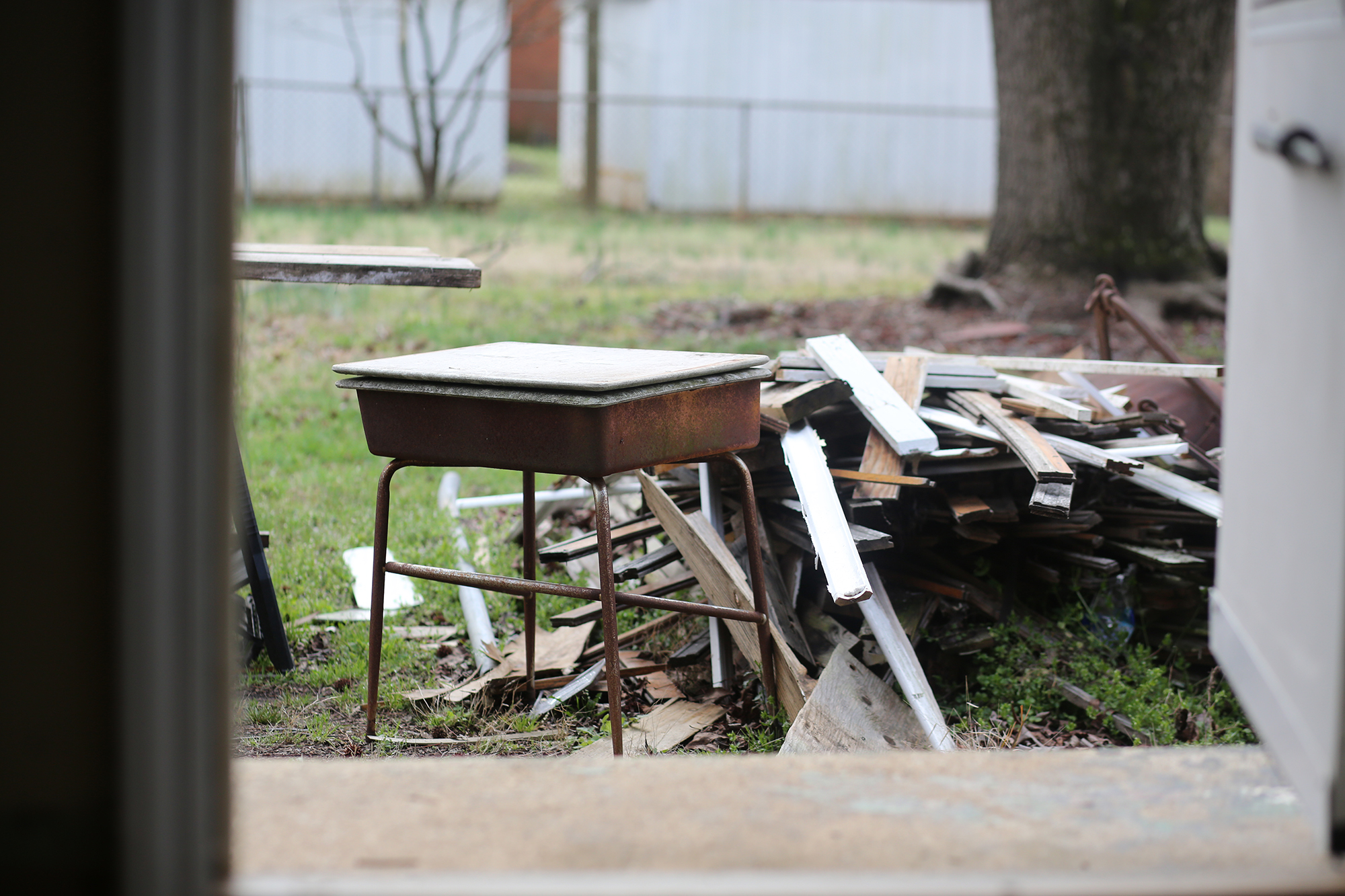 A salvaged student's desk.