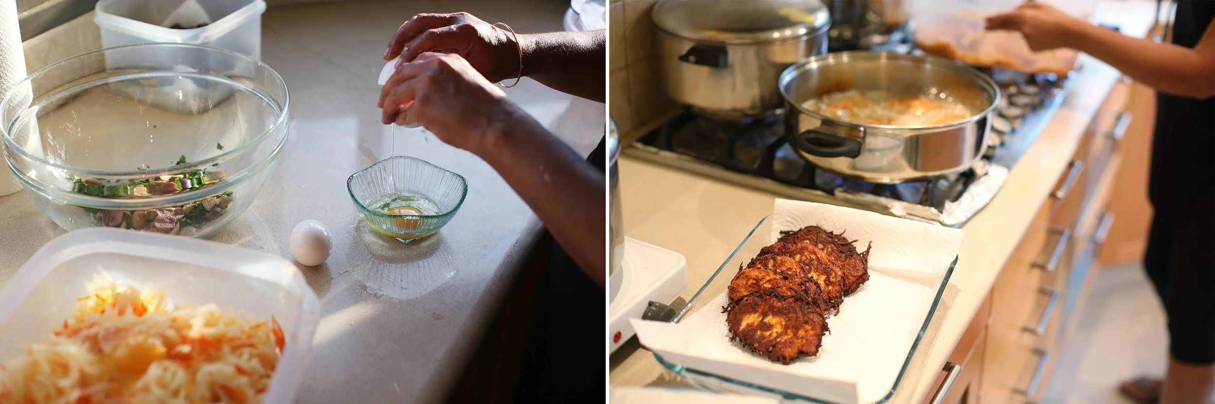 Cracking eggs for the latkes.