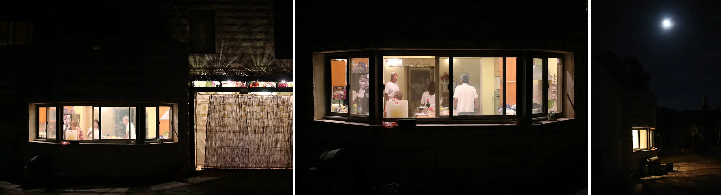Night falls and the moon rises as everyone arrives for dinner.