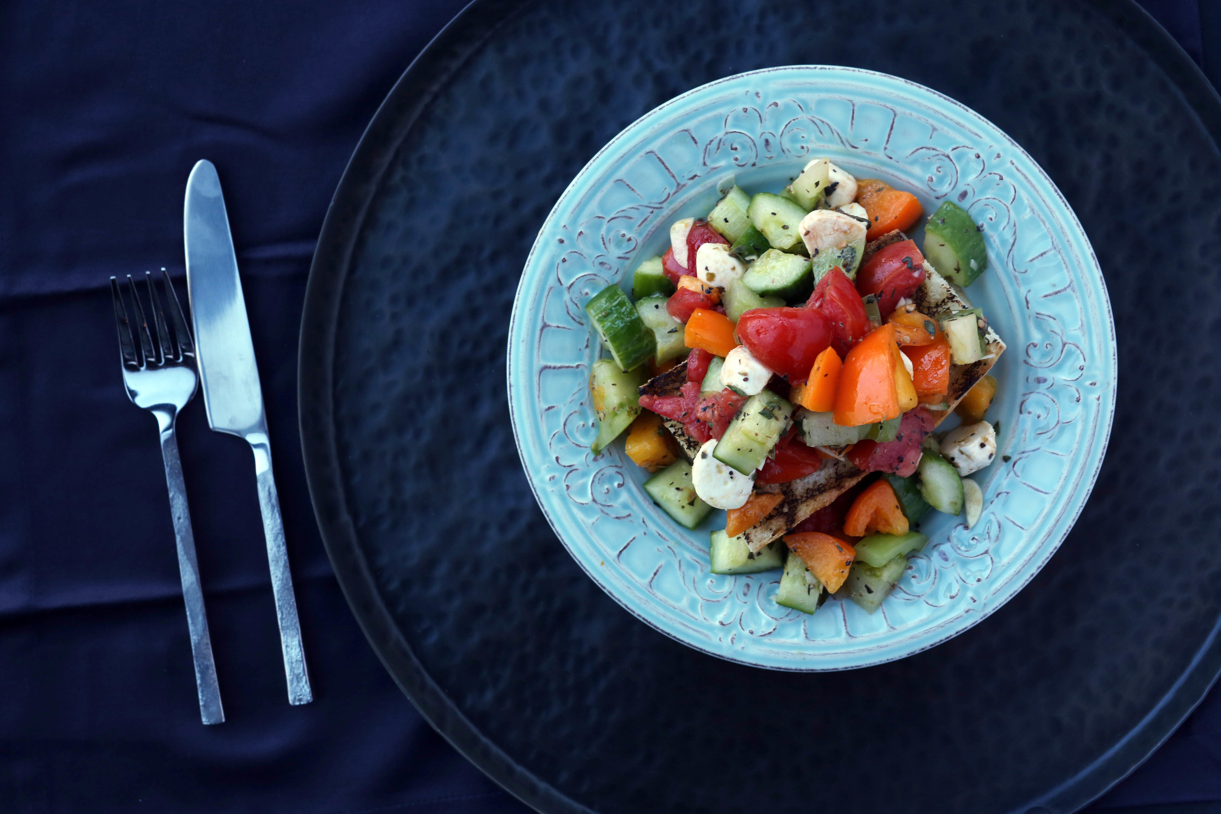 Yummy salad piled on top of toasted baguette. You know, for the healthy side of you!