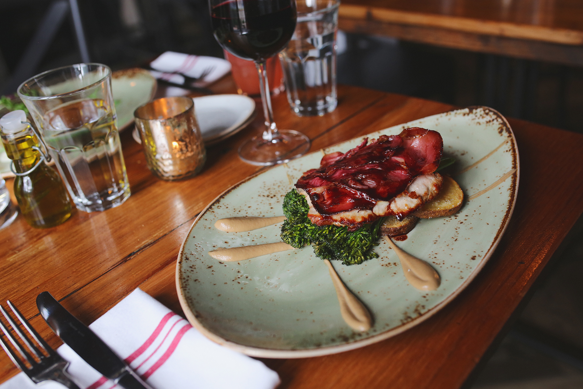 veal saltimbocca: prosciutto, provolone, sage, mushroom purée, broccolini, sage potatoes