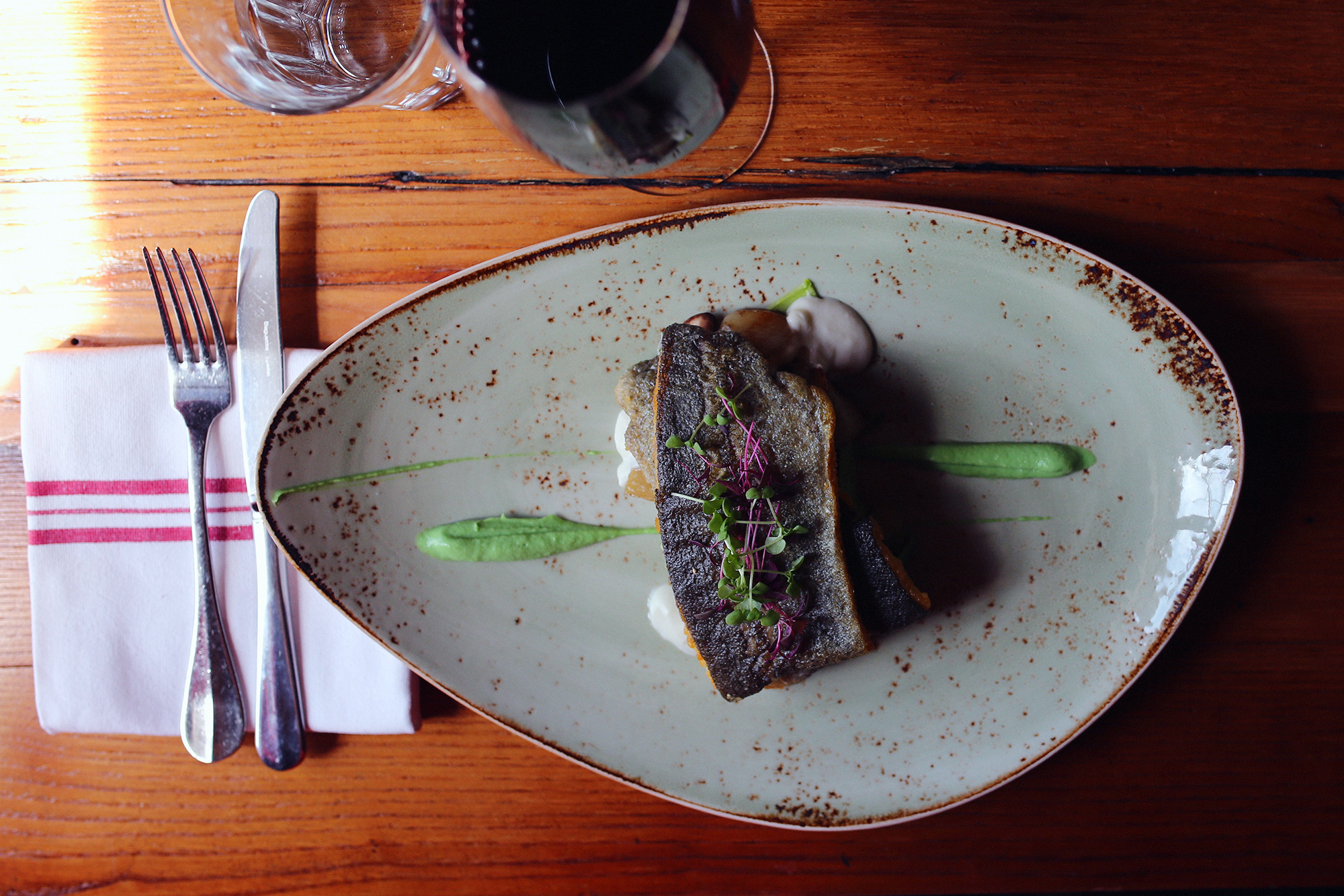 NC trout: asparagus, mushrooms, sunchokes, zucchini, white wine cream