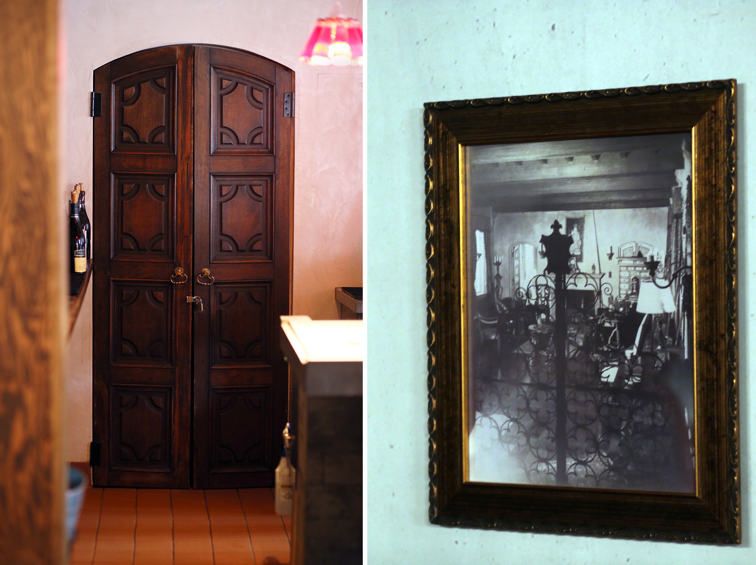 the original entrance doors are now the doors to the liquor cabinet and the original iron gate is now in front of the wine cellar on the opposite side. Blanche's doors are guarding the booze.. pretty sure she'd approve of that!