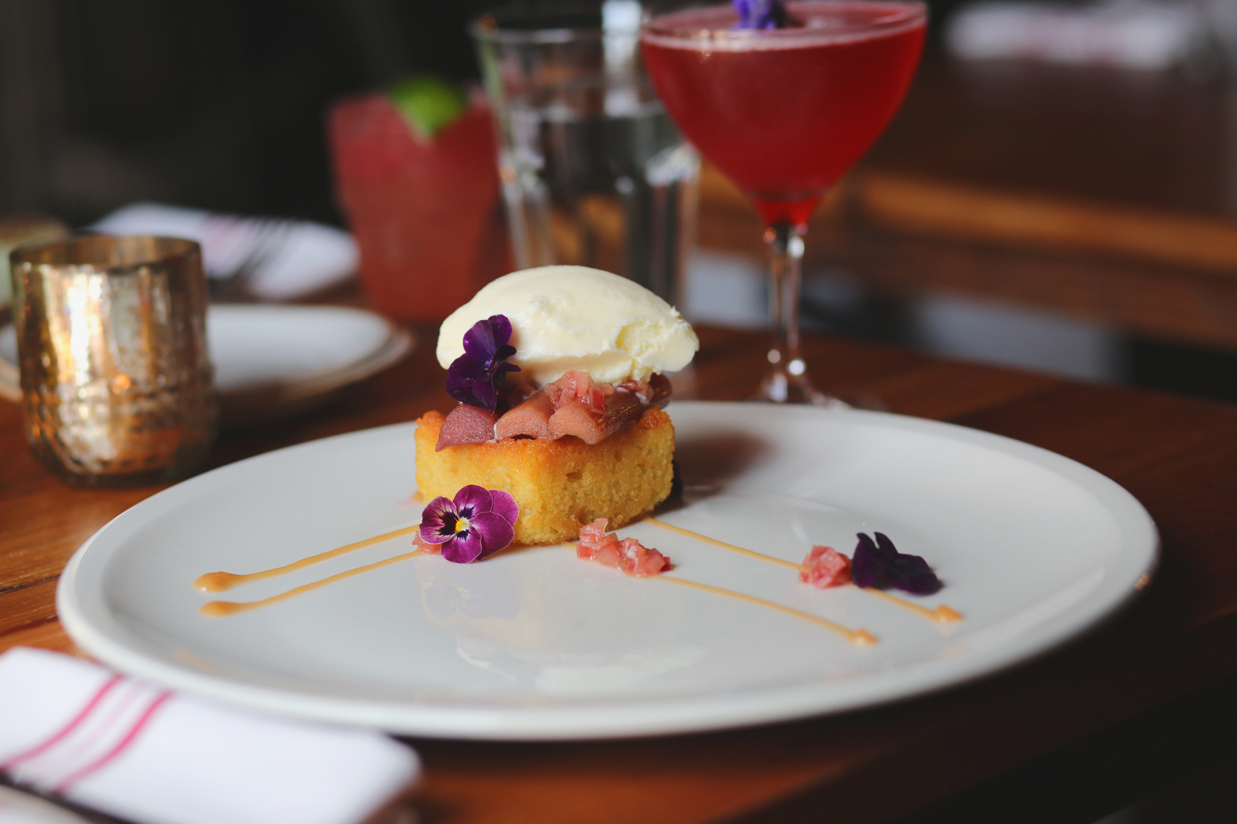 la torta: orange blossom almond cake, vanilla poached rhubarb, goat milk gelato