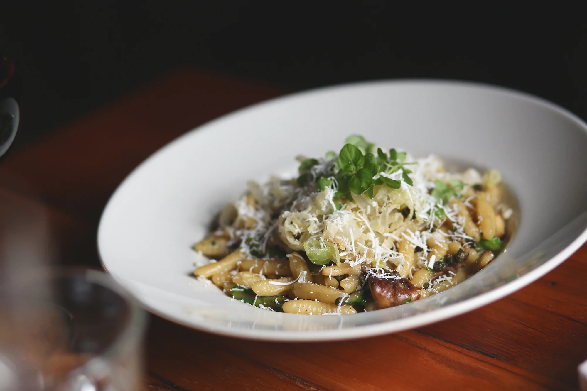 ricotta cavatelli: asparagus, artichokes, local shrooms, capers, leeks, parmesan, white wine