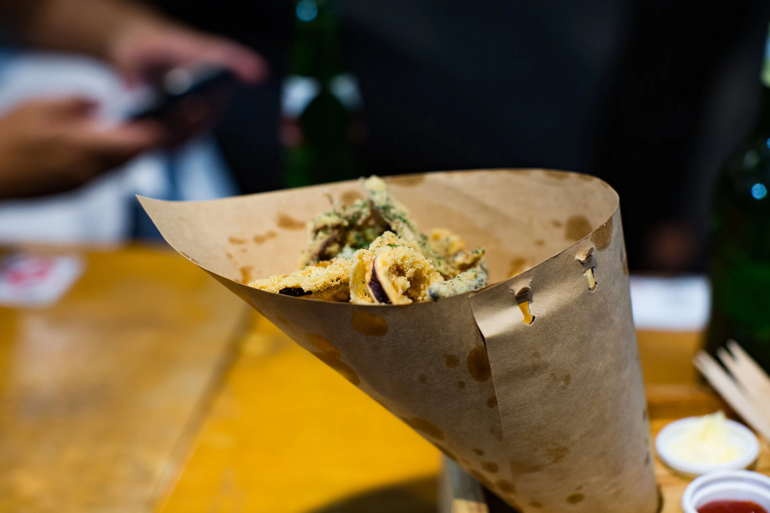 We met at an open air food hall called Commune 2nd. Here you’ll find an assortment of beers, sausages, bread, and all the salty-savory snacks you can handle. I opted for fried squid and potatoes.